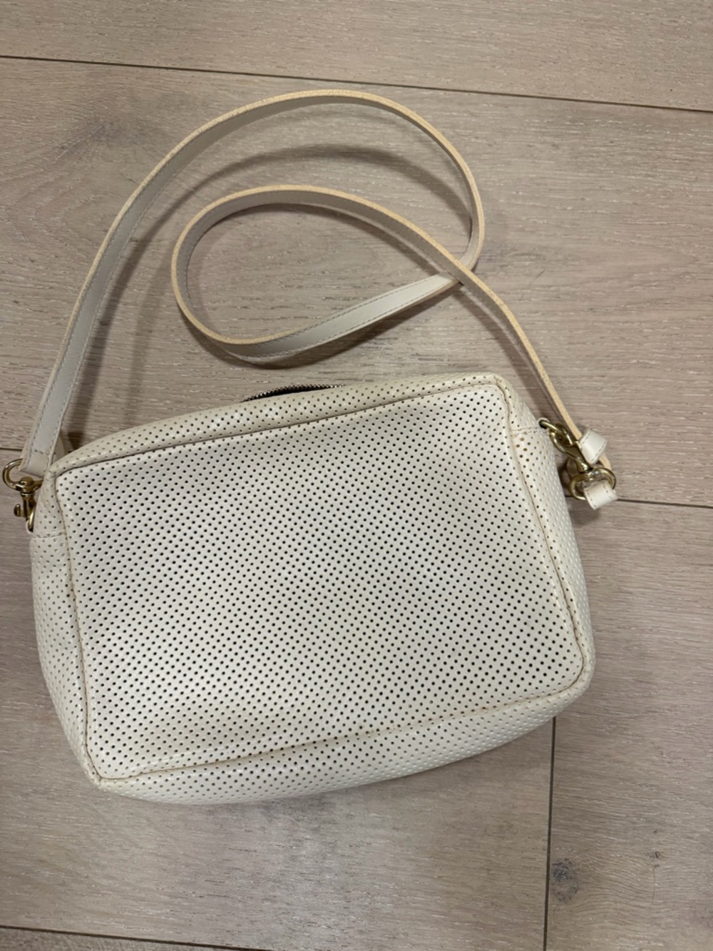 Clare V Perforated Leather Crossbody in Off-White with Gold Hardware